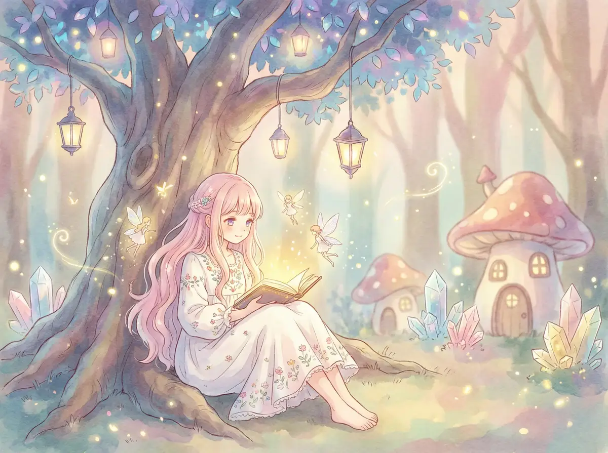 做爱图片 - 魔法森林中阅读故事书的粉发少女与精灵